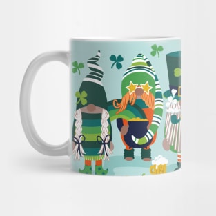 Saint Patricks gnomes // spot illo // aqua background parade with green and orange gnomes Leprechaun shamrock four leaf clovers Irish Ireland folklore Mug